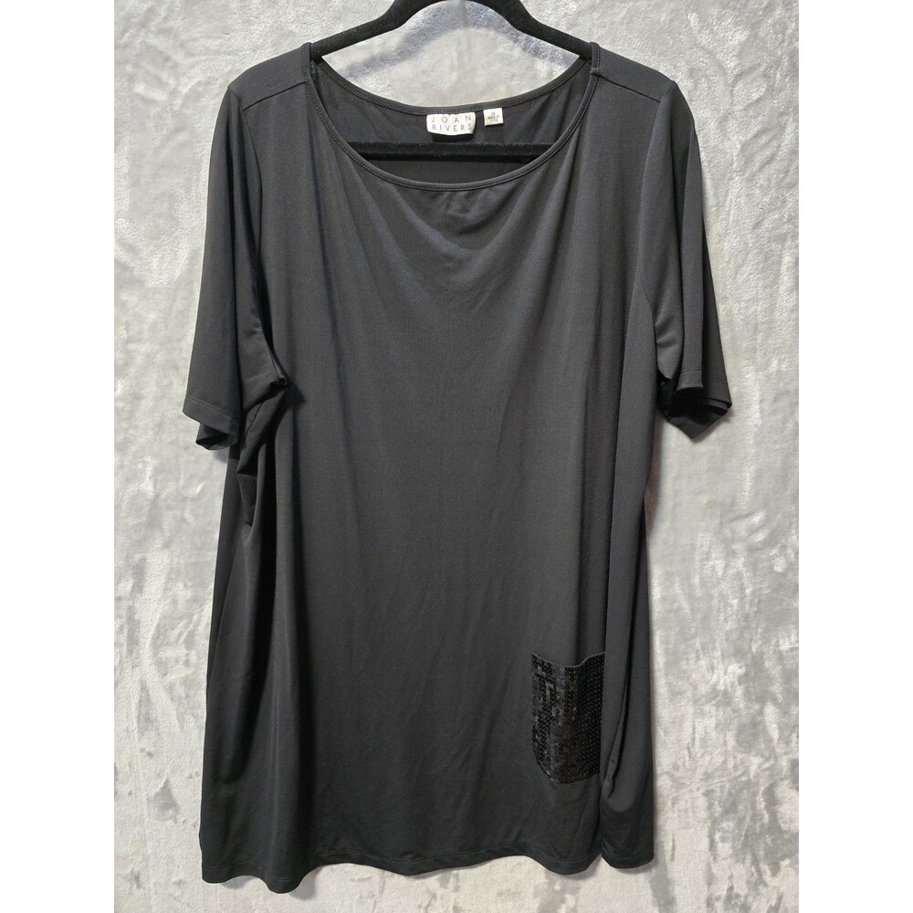 Joan Rivers Blouse Shirt Womens 1x Black Sequin Pocket Stretch Boho Classic